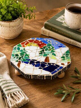 Handmade Mosaic Glass Trivet Coaster Sun Landscape Art Tile Hot Plate 8.25"